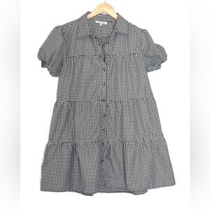 Black Gingham Checkered Dress Puffer sleeve A-line